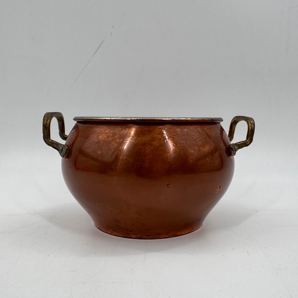 Vintage Copper Pot Brass Handles French Country Kitchen Decor Planter 4.5"